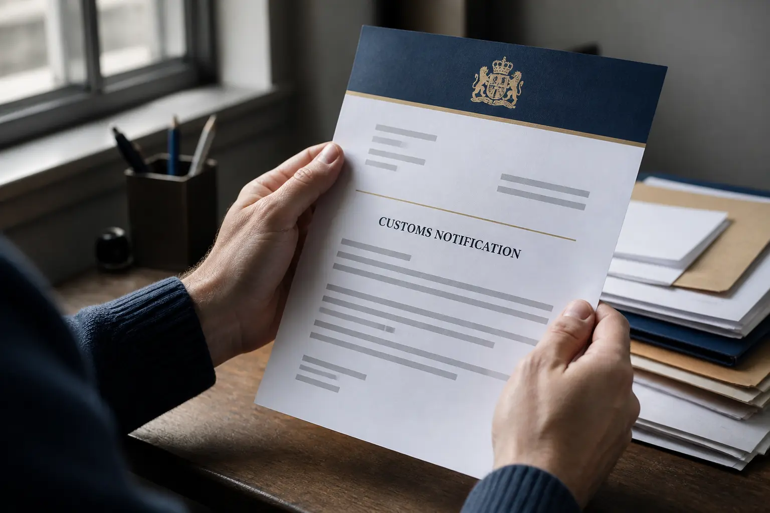 Mains tenant une notification douanière sur un bureau, lumière froide près d’une fenêtre, mercure douane en contexte administratif