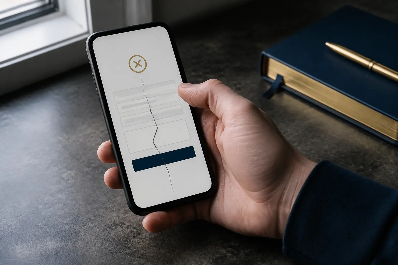 Main d’un professionnel avec smartphone affichant un formulaire de contact cassé, monitoring site web en bureau calme.
