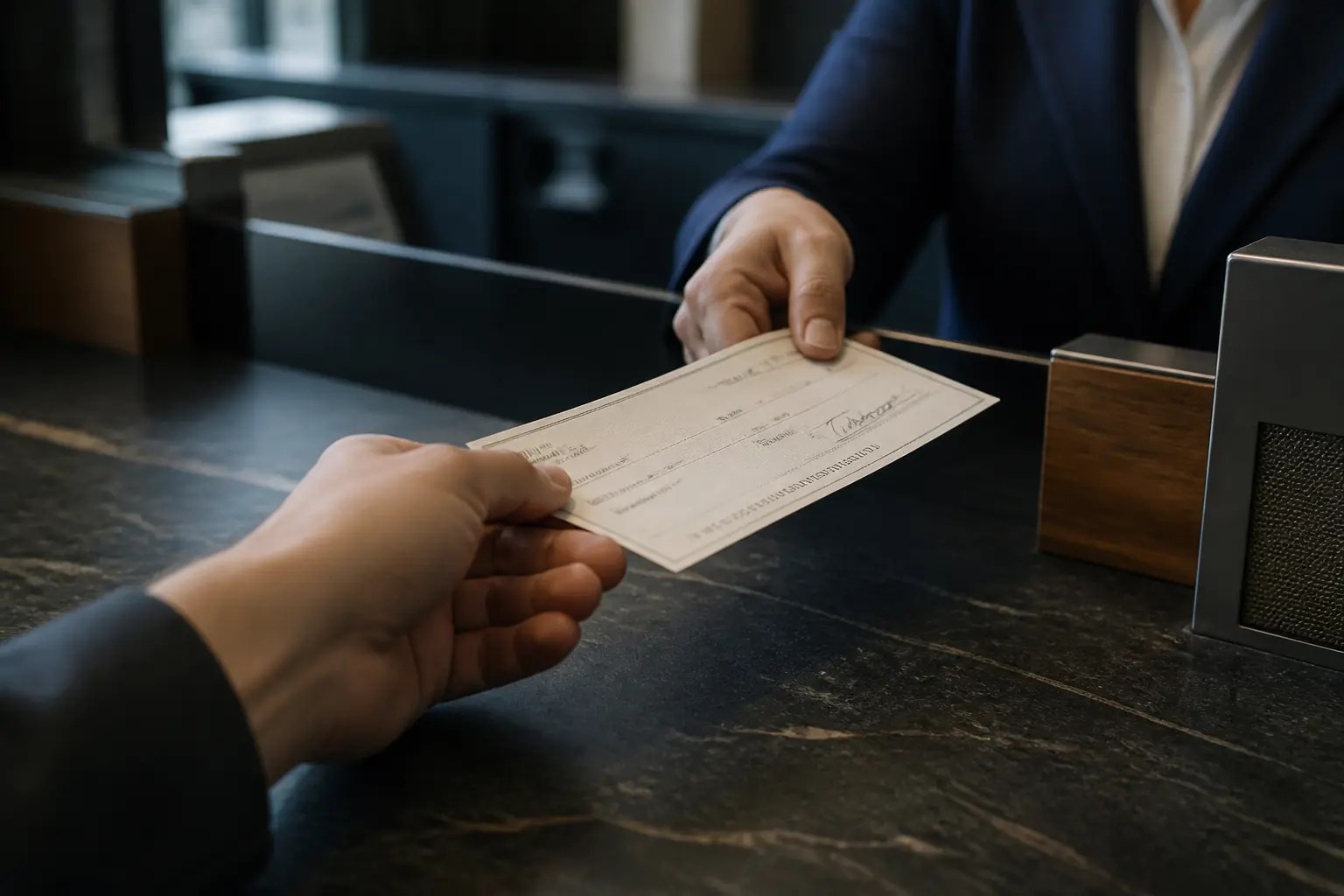 Chèque impayé au guichet d’une banque, illustrant la nouvelle loi sur les chèques impayés, mains du conseiller visibles
