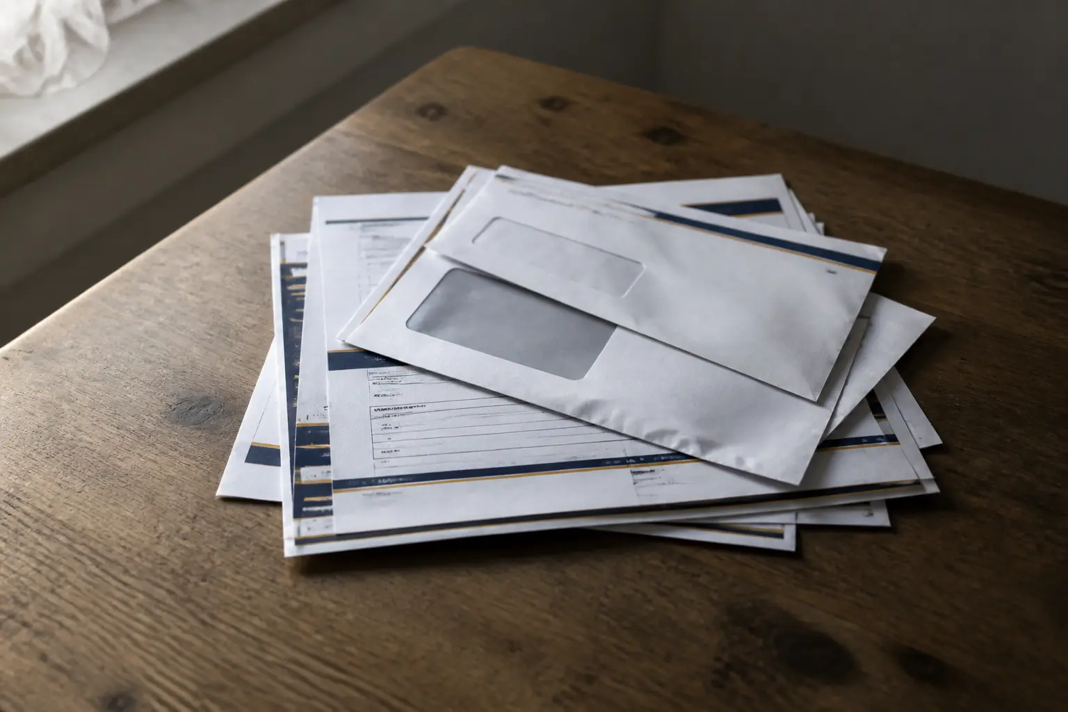 rachat de crédit refusé partout que faire : relevés bancaires et lettres de refus sur une table de cuisine, vue rapprochée