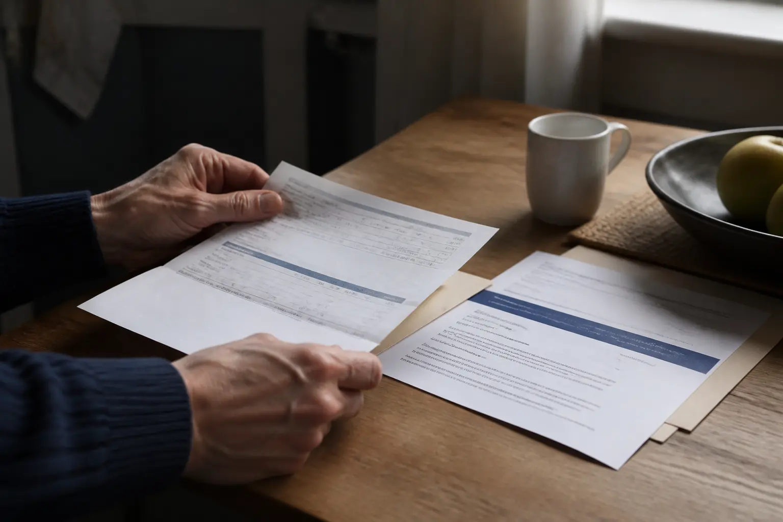 salaire 1500 net combien au chômage : bulletin de paie et avis d’indemnisation sur une table de cuisine près d’une fenêtre