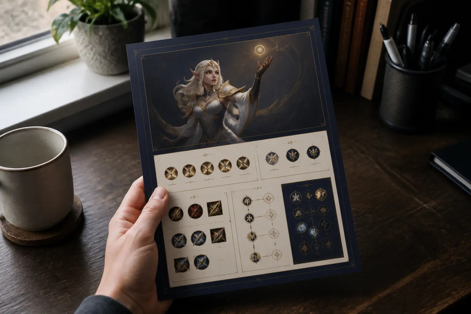 Main de taric tenant un guide de champion fantasy sur un bureau près d’une fenêtre, lumière douce naturelle