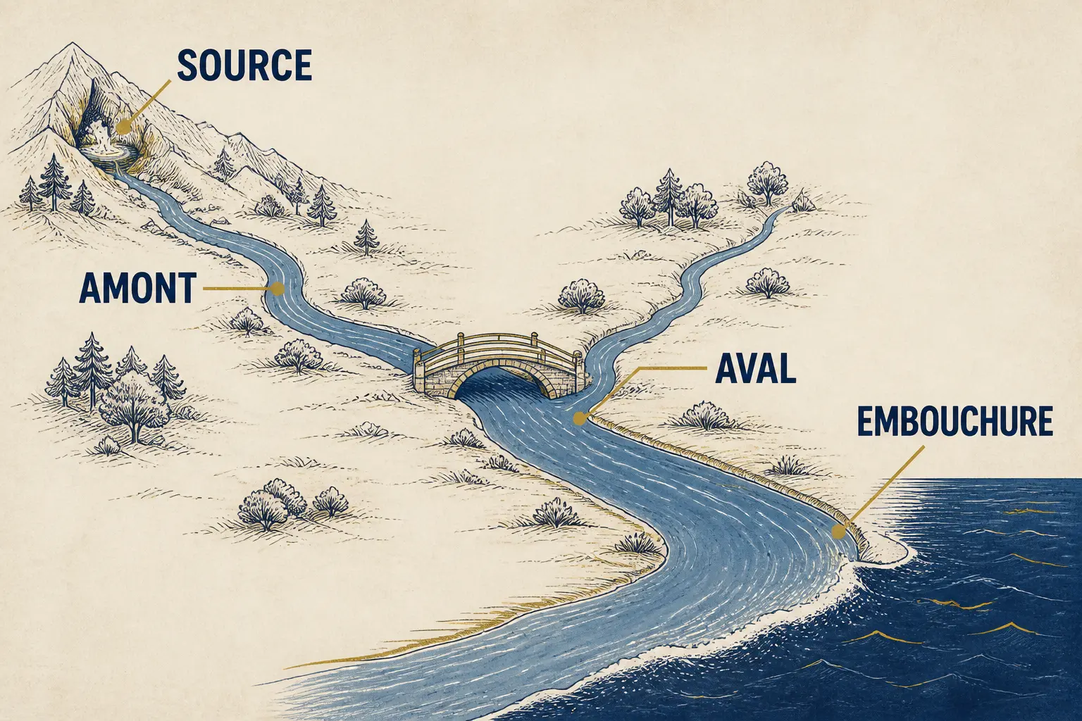 Schéma d’un cours d’eau montrant aval amont, de la source en montagne à l’embouchure, avec confluence et pont.