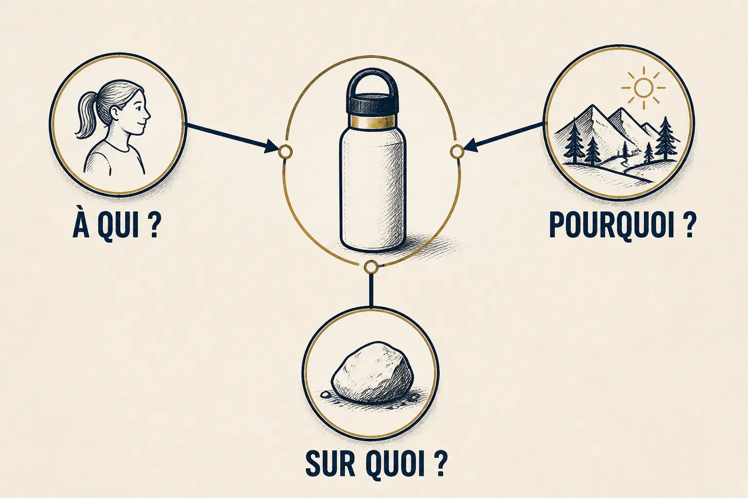 Schéma bête a corne : utilisateur, objet central et besoin reliés par À QUI ?, SUR QUOI ?, POURQUOI ?
