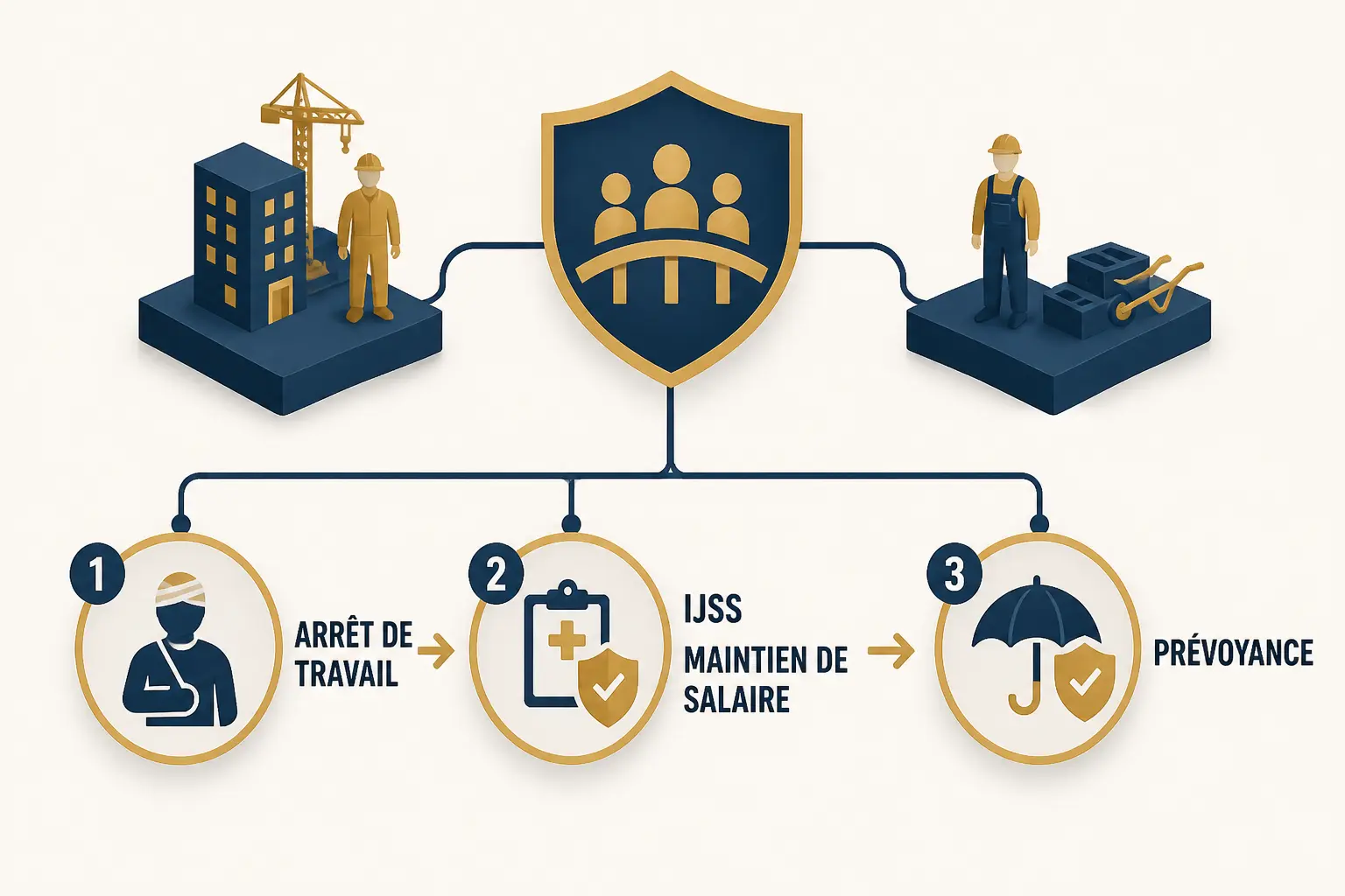Infographie btp prevoyance : arrêt de travail, IJSS, maintien de salaire et prévoyance collective du BTP.