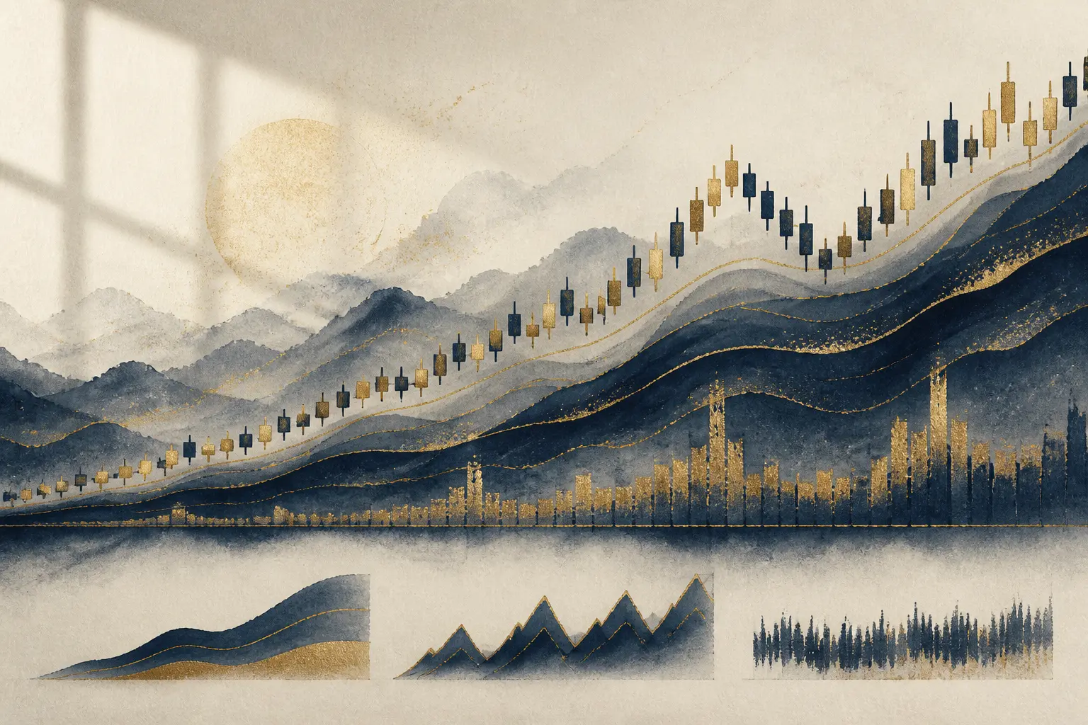 Illustration d’un bull run crypto en paysage ascendant, avec chandeliers, rebond bref et volumes plus soutenus.