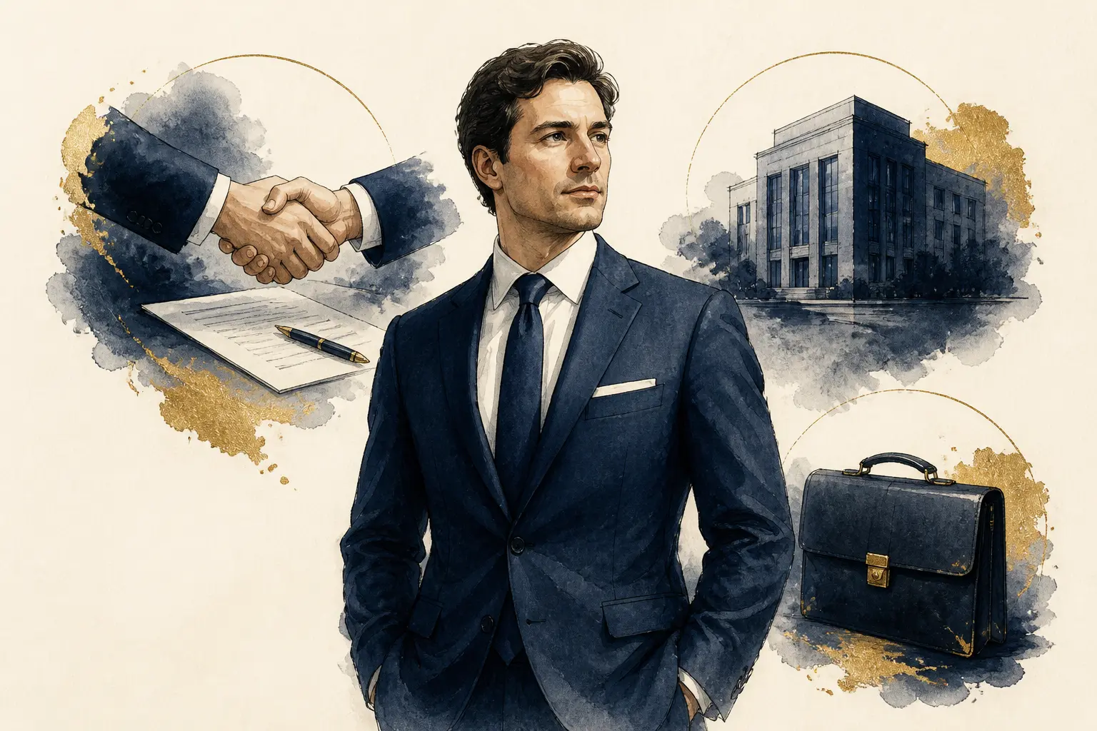 Business mam en costume, poignée de main sur contrat, immeuble de bureau et mallette, style aquarelle éditoriale.