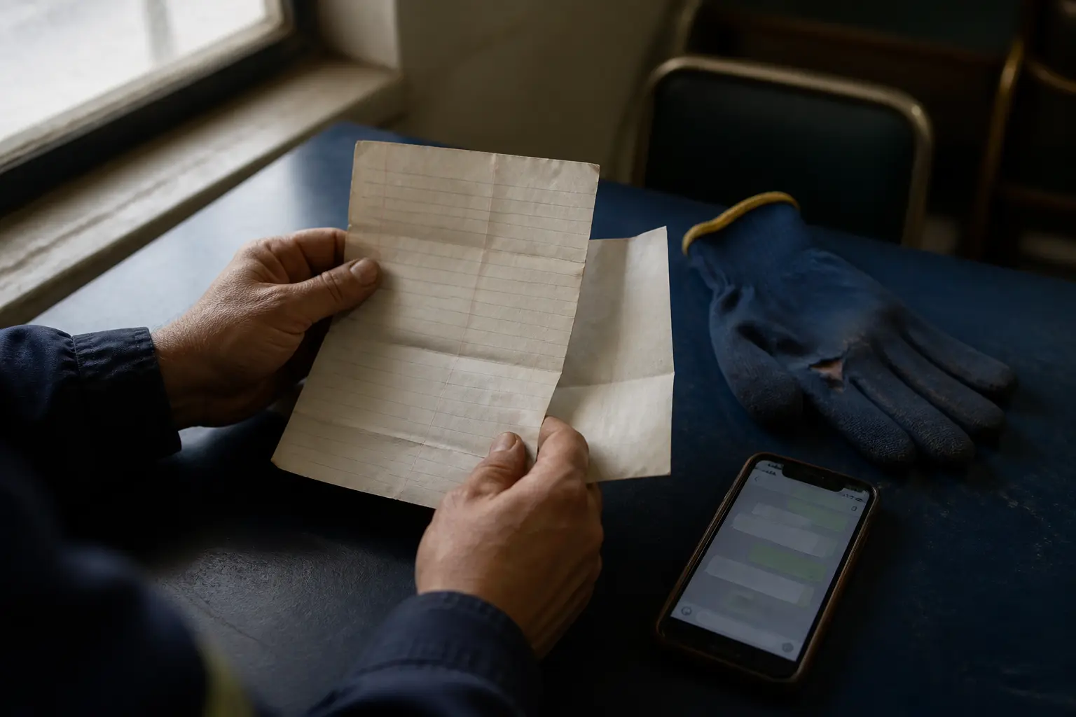 Déclaration tardive accident du travail par le salarié : main tenant note d’incident, certificat médical, gant déchiré et message horodaté sur table d’atelier.