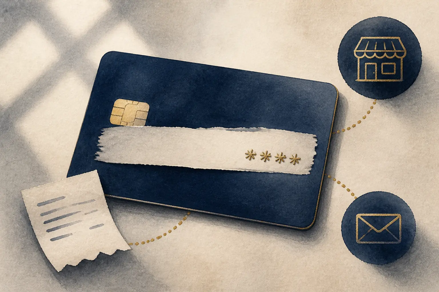 Illustration montrant donner les 4 derniers chiffres de sa carte bancaire, carte partiellement masquée et reçu associé.