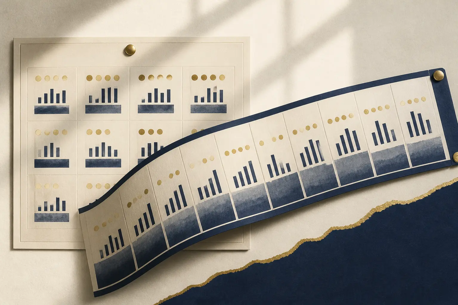 Illustration finance ltm : calendrier annuel fixe et bande glissante sur 12 mois, avec repères financiers abstraits.