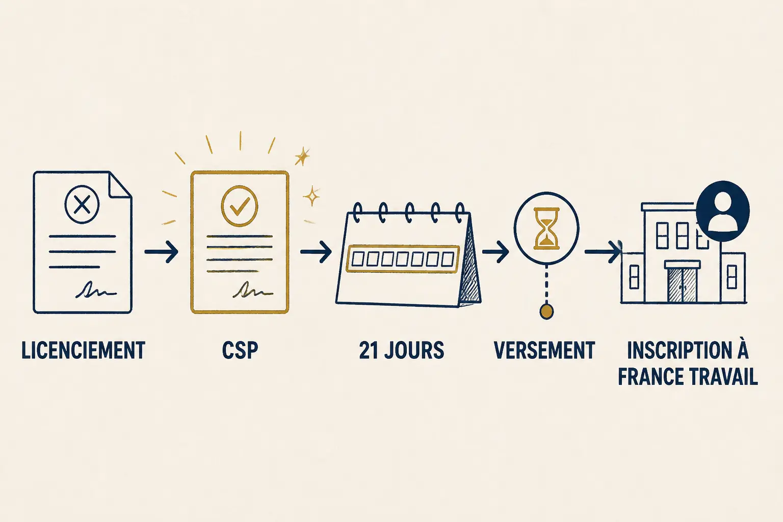 Frise du CSP montrant les pièges du csp : licenciement, offre CSP, 21 jours, versement puis inscription France Travail.