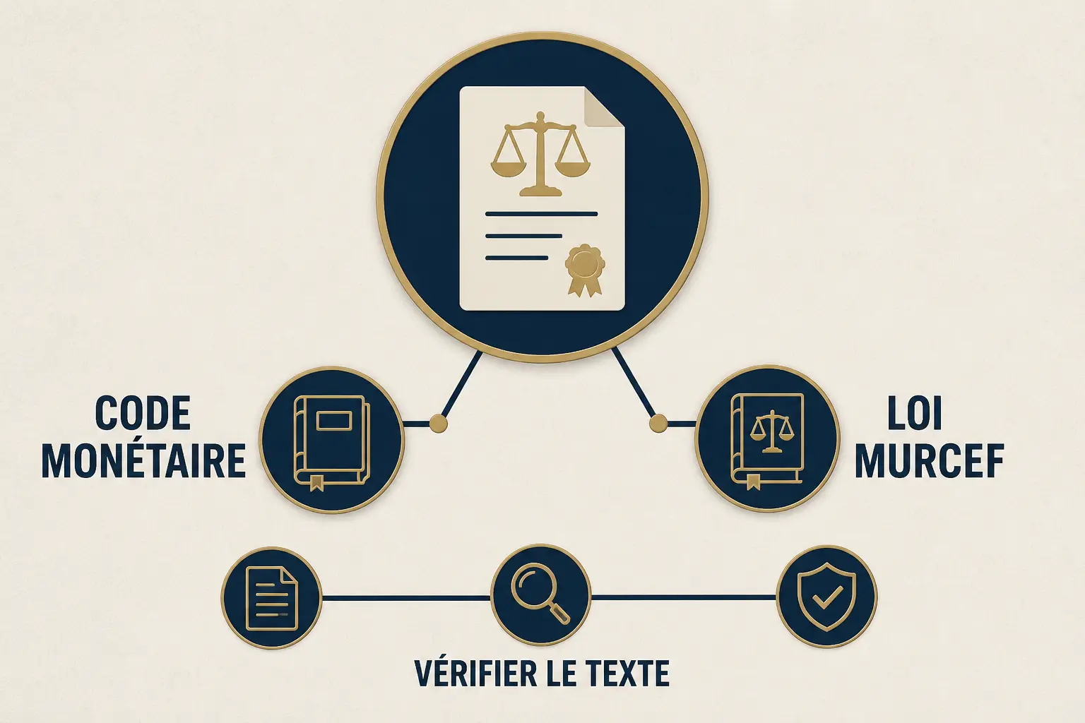 Infographie juridique sur la nouvelle loi sur les chèques impayés, avec CODE MONÉTAIRE, LOI MURCEF et VÉRIFIER LE TEXTE.