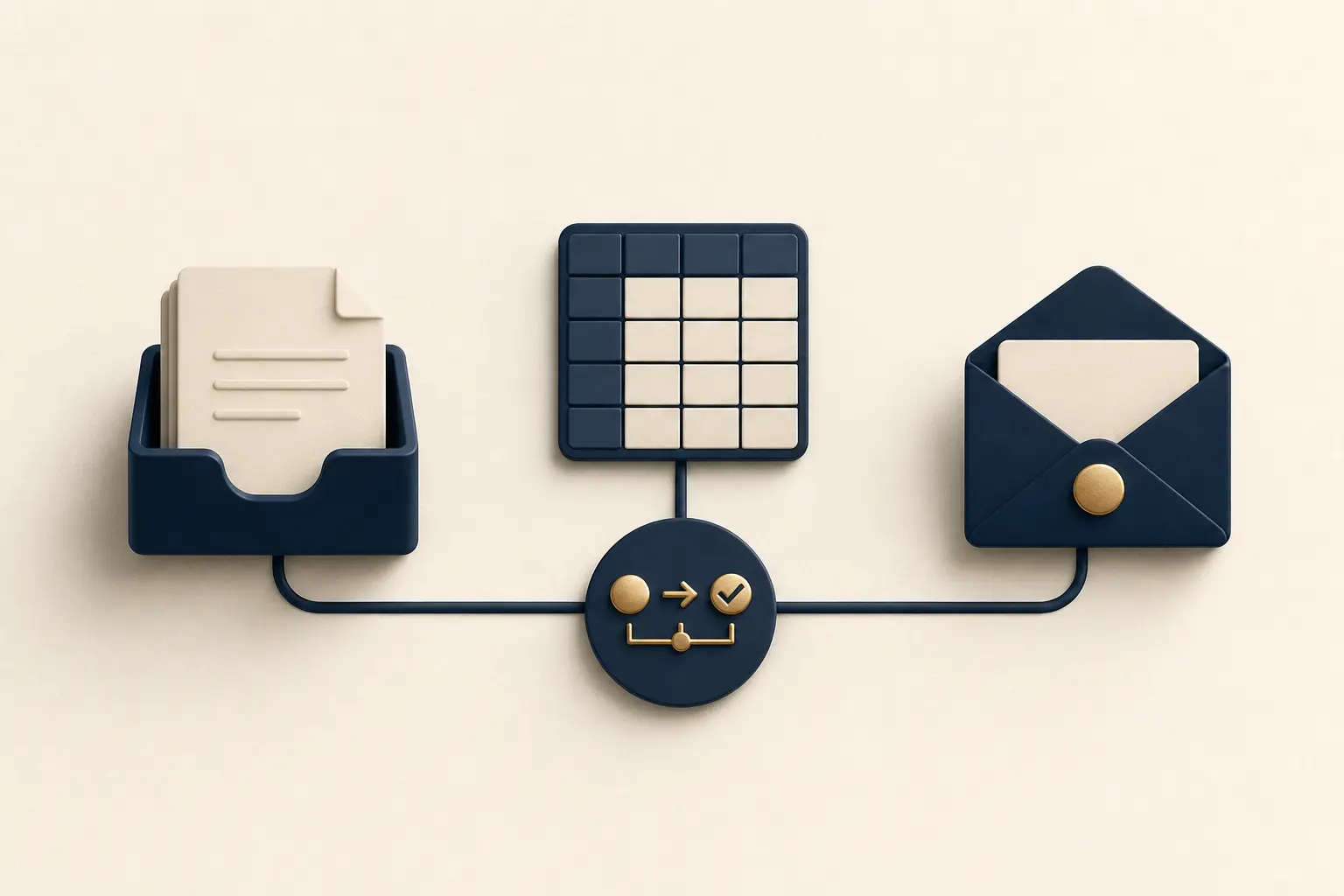 Illustration de power automate c'est quoi : flux simple reliant document, tableau et messagerie via un moteur d’automatisation.