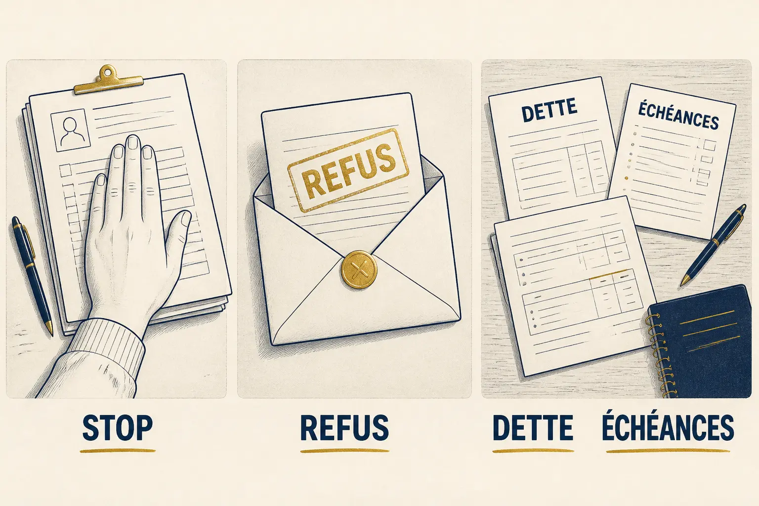 Rachat de crédit refusé partout que faire : infographie en 3 étapes avec STOP, REFUS, DETTE et ÉCHÉANCES sur dossiers et relevés.