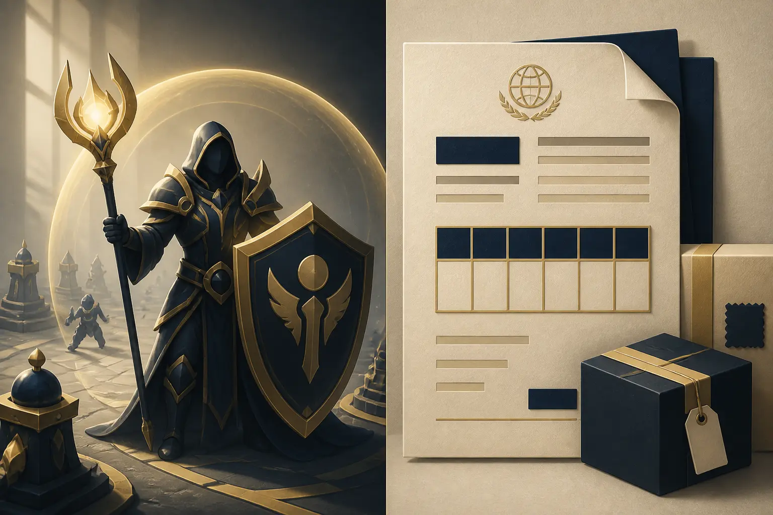 Taric en split-screen : champion support armé à gauche, document de code tarifaire douanier à droite, fond sobre.
