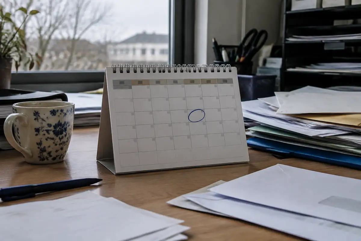 Calendrier de bureau avec une date entourée, sur un bureau encombré de courrier