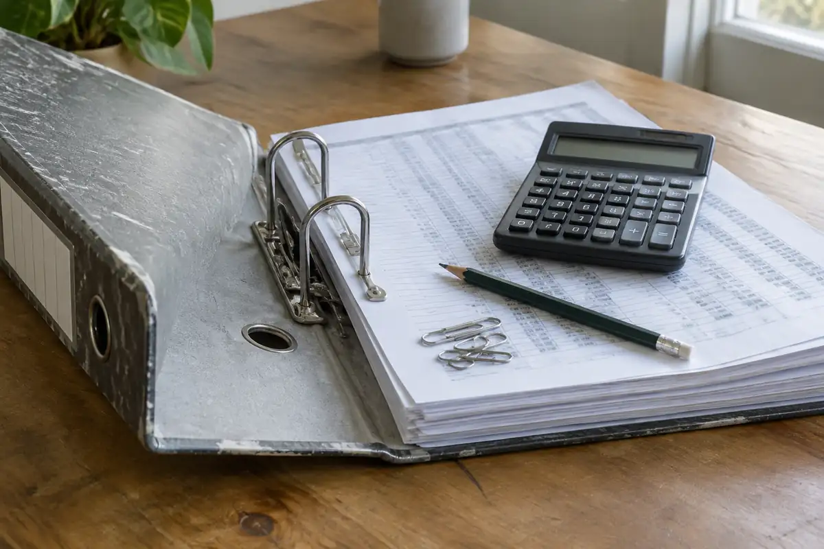 Classeur de comptabilité ouvert avec une calculatrice, un crayon et des trombones