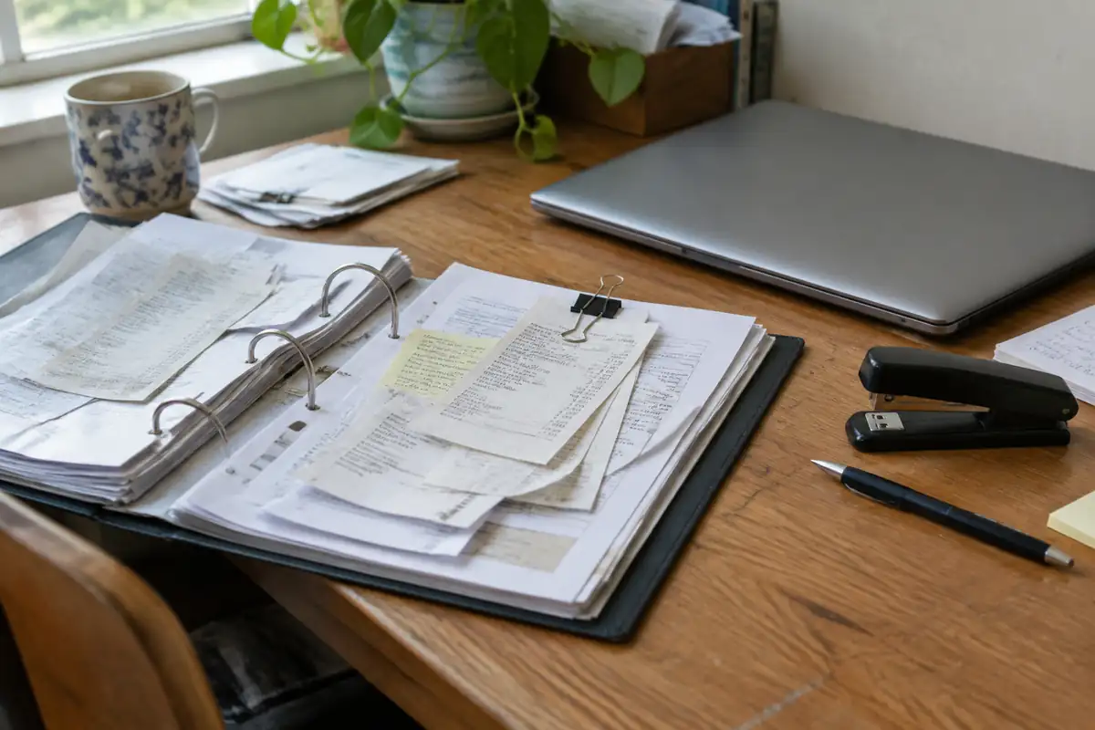 Classeur de comptabilité ouvert avec des justificatifs, à côté d'un ordinateur portable fermé