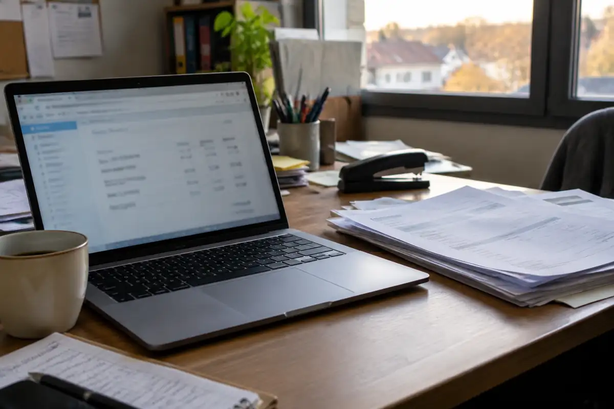 Ordinateur portable ouvert sur un logiciel de facturation, factures imprimées à côté