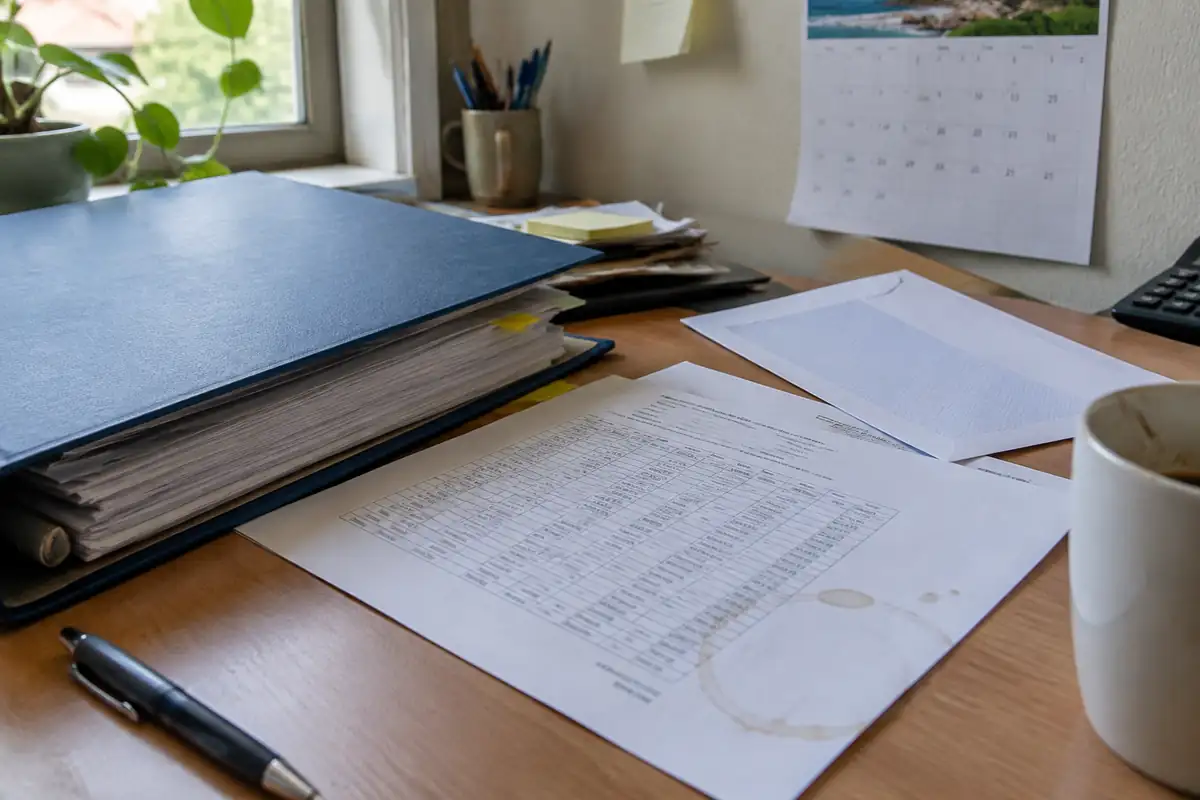 Dossier des comptes annuels et relevé bancaire sur un bureau, calendrier d'été au mur