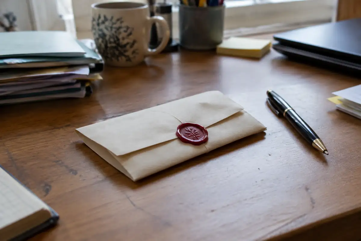 Document plié fermé par un cachet de cire rouge, posé sur un bureau