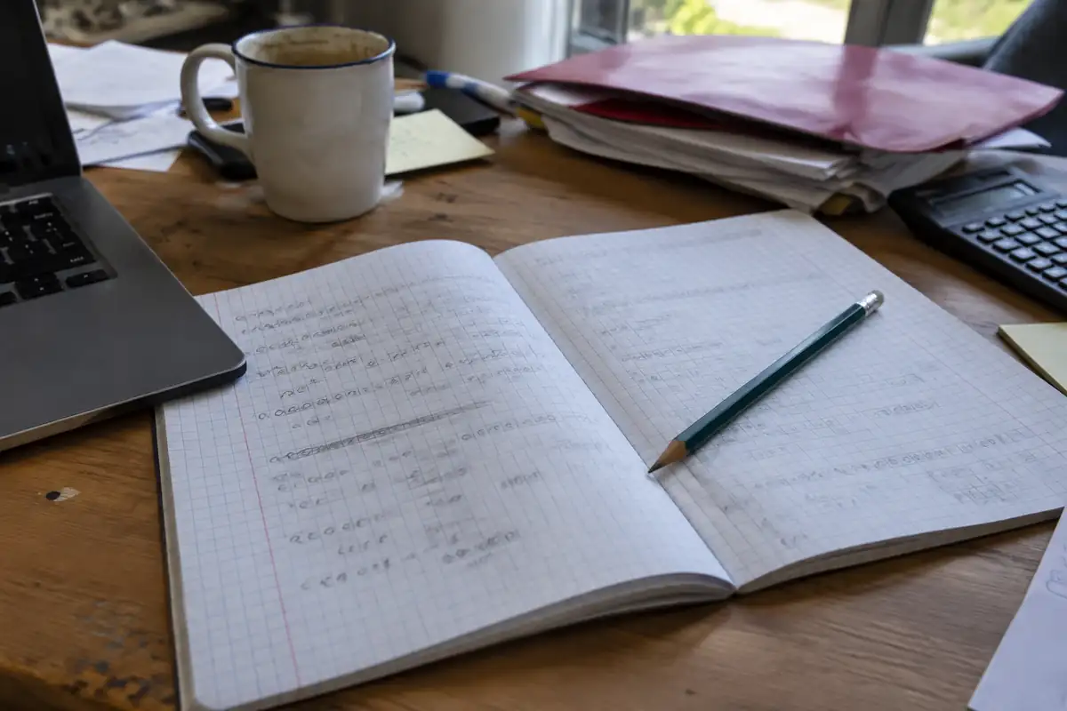 Cahier ouvert avec un calcul manuscrit et un crayon