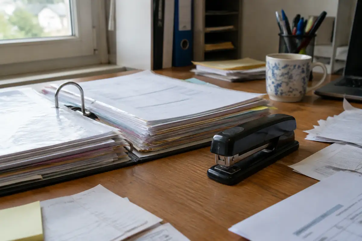 Classeur de factures et agrafeuse sur un bureau