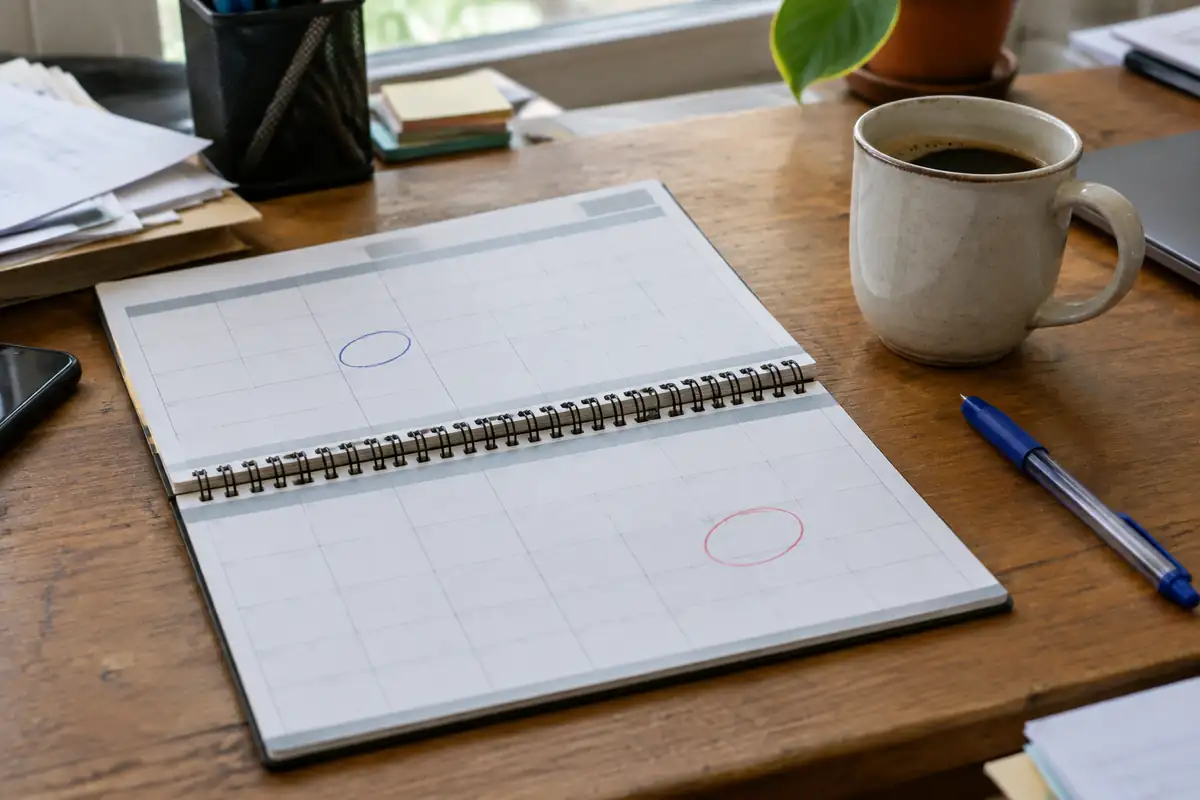 Calendrier de bureau ouvert avec deux dates entourées