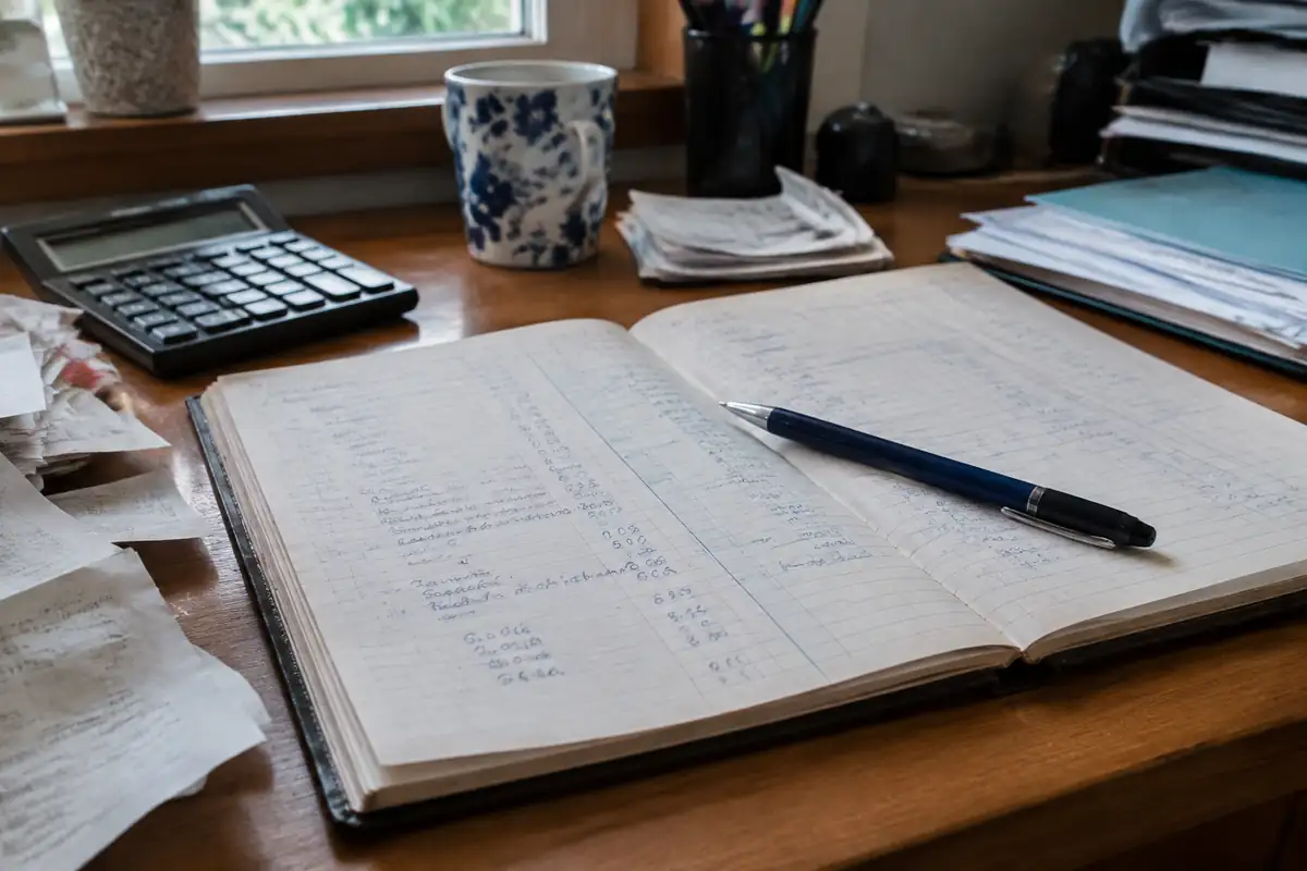Carnet de comptes ouvert et stylo, texte non lisible