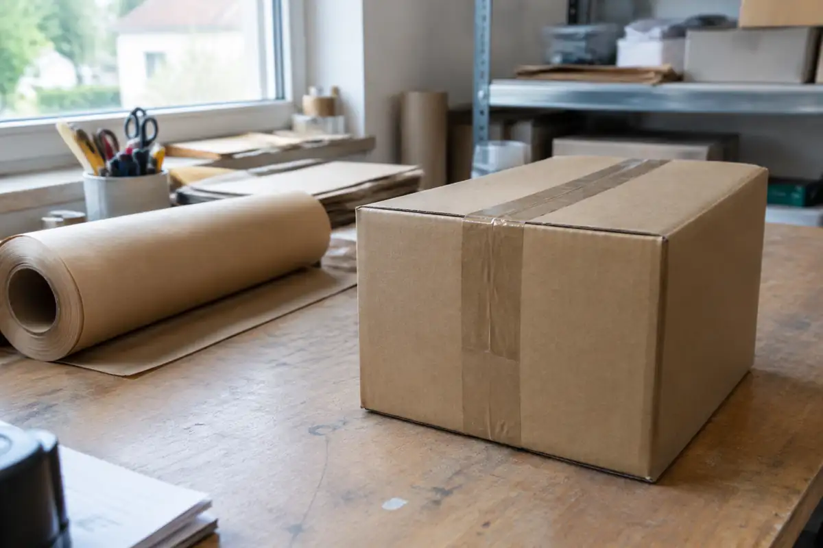 Carton d'expédition scellé sur une table d'emballage à côté d'un rouleau de papier kraft