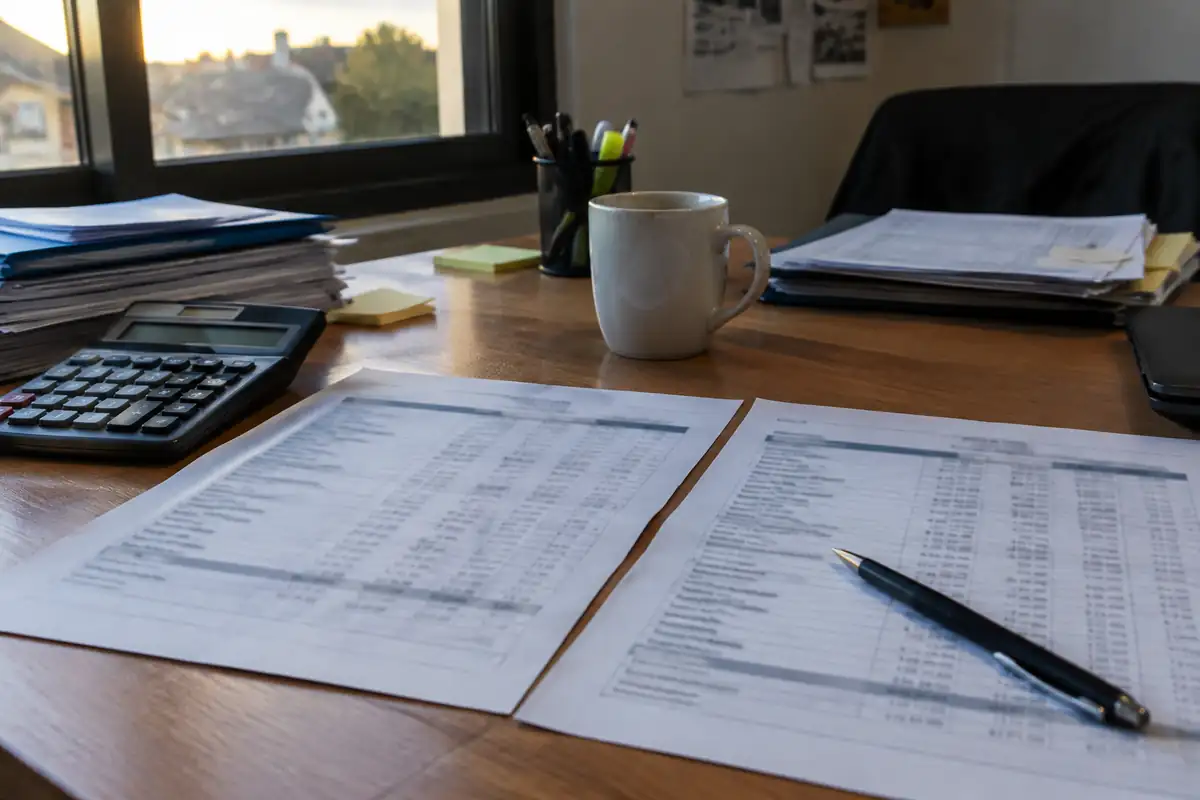 Deux bilans imprimés côte à côte sur un bureau avec une calculatrice