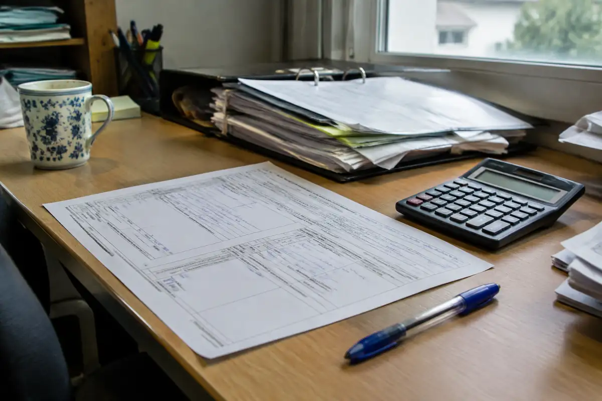 Bureau avec un formulaire administratif rempli à la main, une calculatrice et un classeur