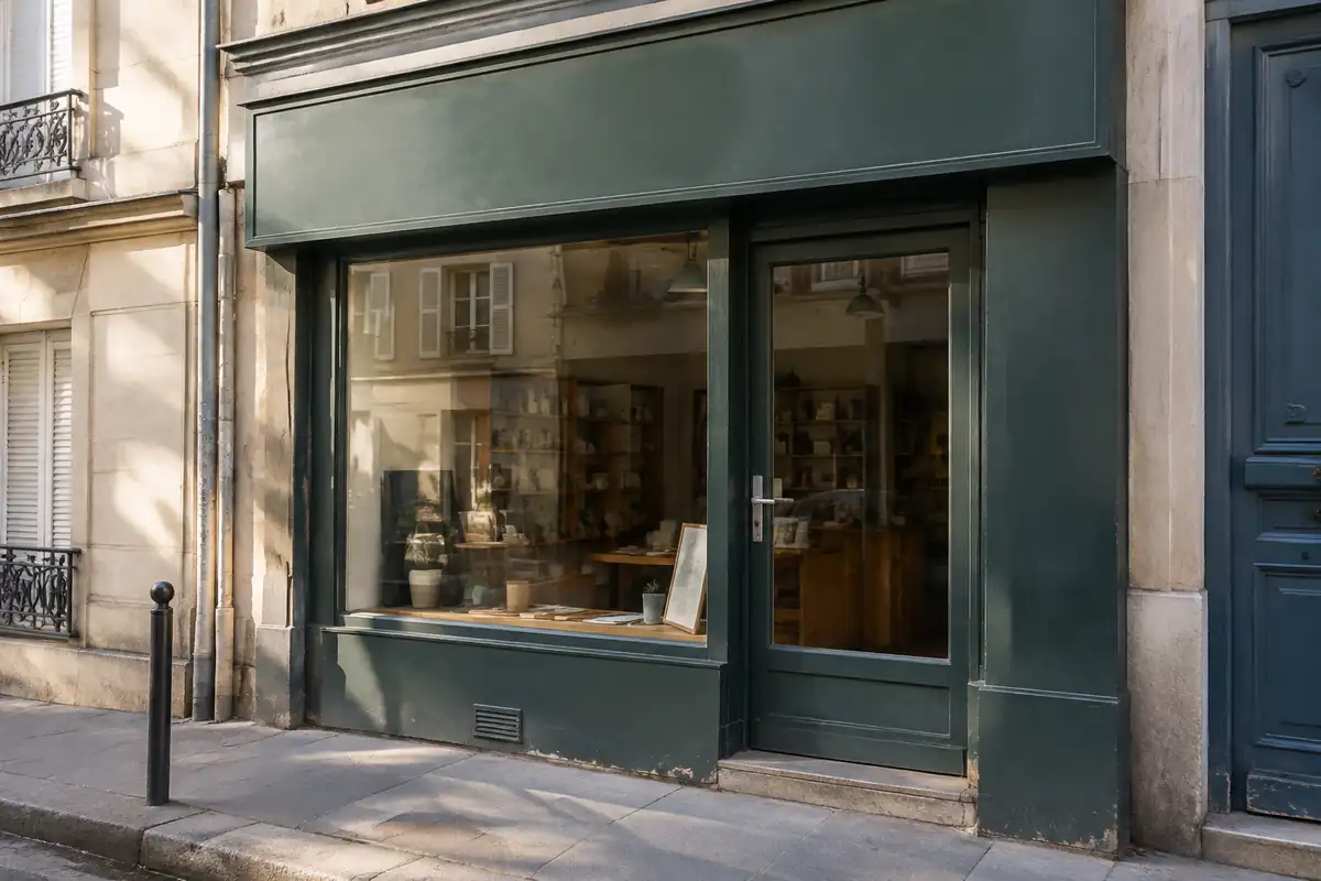 Devanture d'un petit commerce de rue avec une enseigne vierge