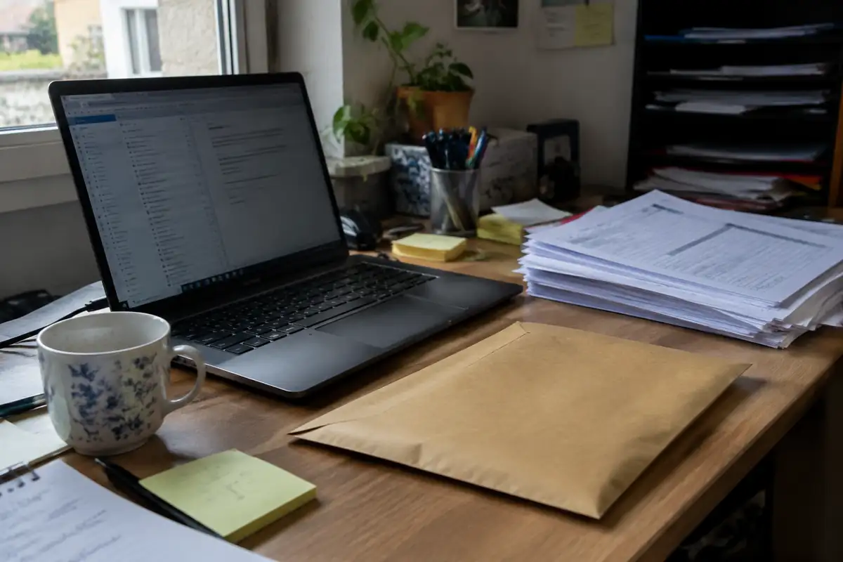Ordinateur portable ouvert à côté d'une enveloppe et de formulaires papier sur un bureau encombré