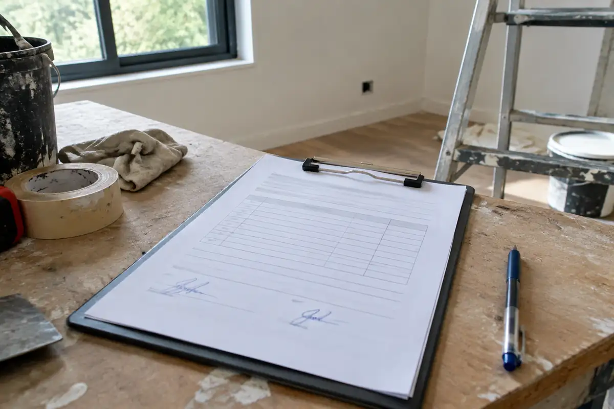 Procès-verbal de réception signé sur un support à pince, posé sur un établi de chantier de rénovation
