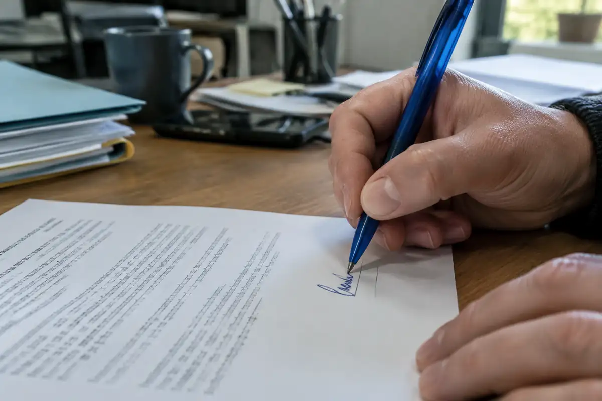Main signant à l'encre un document imprimé